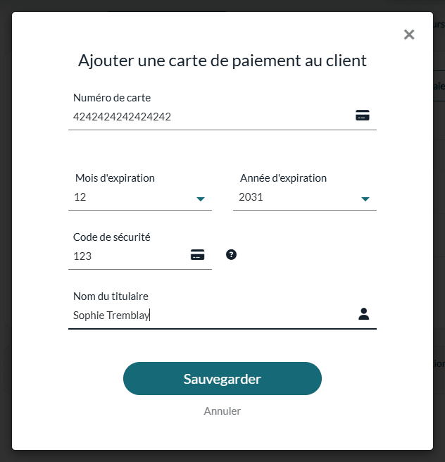 Fenêtre Ajouter une carte de paiement au client remplie avec une carte de test