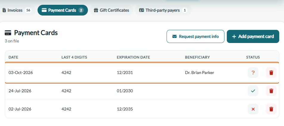 List of payment cards of a client with the new card highlighted