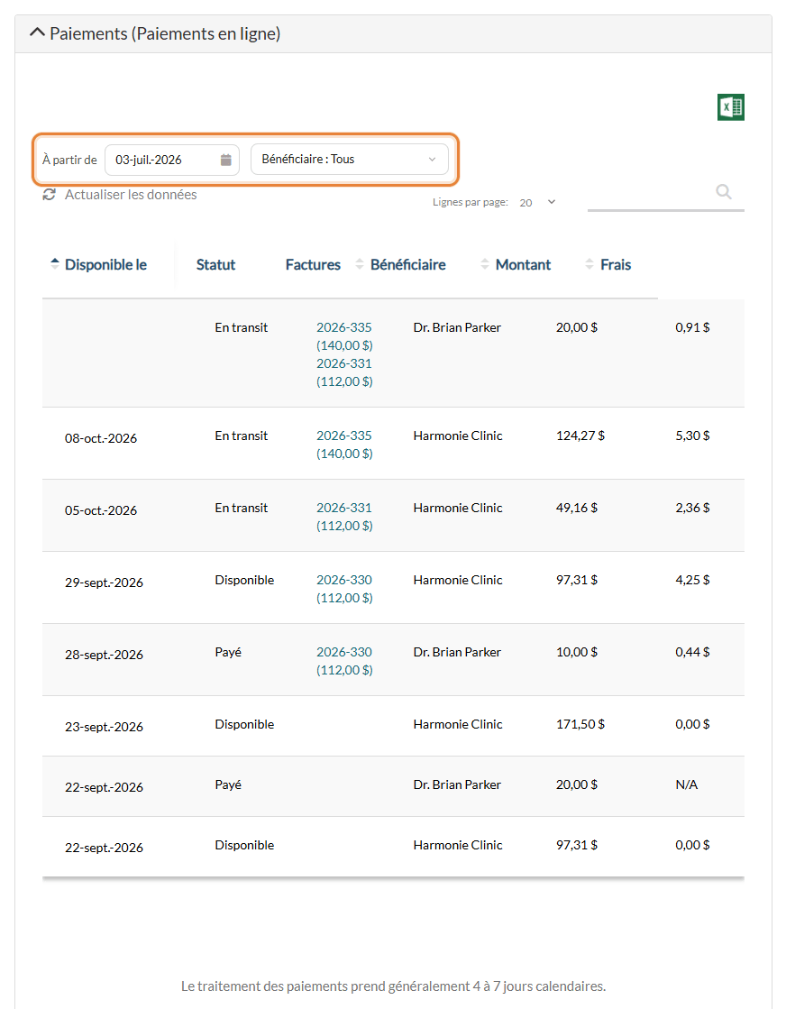Section Paiements (Paiements en ligne) de Réglages > Paiements avec les filtres À partir de et Bénéficiaire