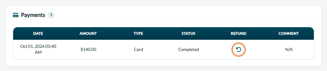 Payments card of an invoice with the refund icon highlighted