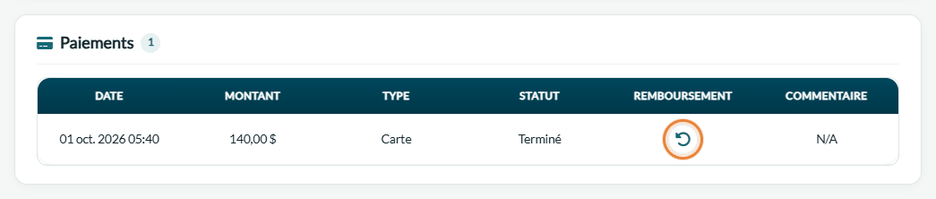 Carte Paiements d'une facture avec l'icône de remboursement en surbrillance