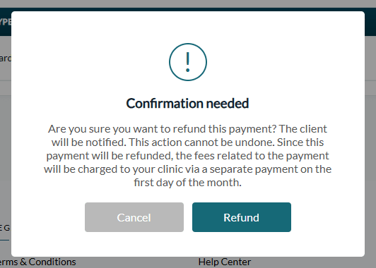 Confirmation window before refunding a payment