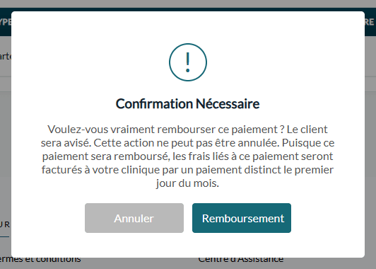 Fenêtre de confirmation avant le remboursement d'un paiement