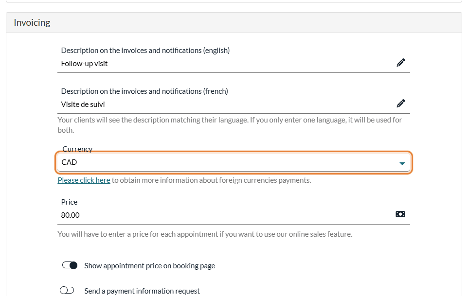 Currency field in the Invoicing section of an appointment type
