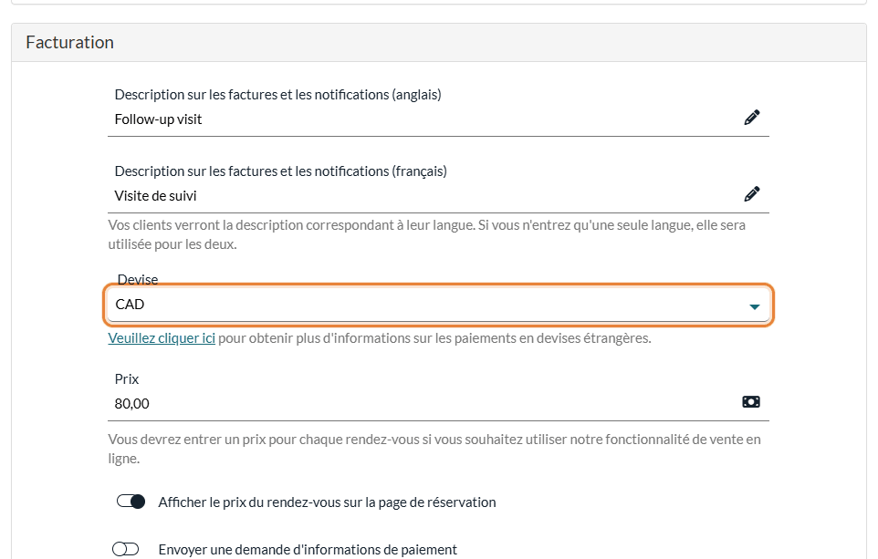 Champ Devise dans la section Facturation d'un type de rendez-vous