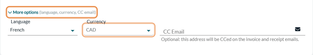 Currency field of an invoice, displayed with More options in the Information card