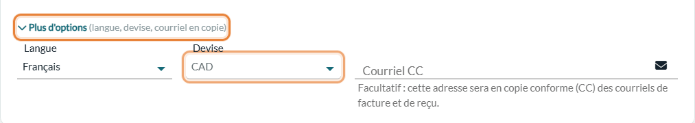 Champ Devise d'une facture, affiché avec Plus d'options dans la carte Information