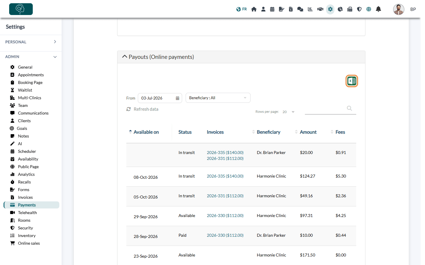 Excel icon of the Payouts (Online payments) section