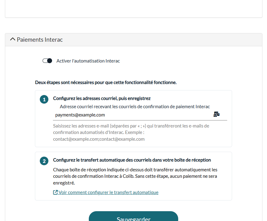 Section Paiements Interac dans Réglages > Paiements
