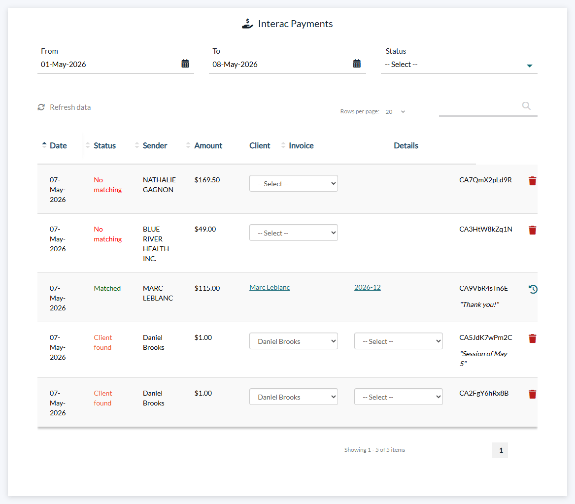 Interac Payments list with matched and unmatched payments