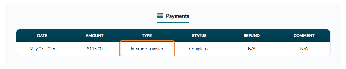 Interac e-Transfer in the Payments section of an invoice