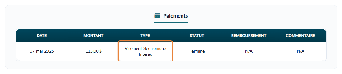 Virement électronique Interac dans la section Paiements d'une facture