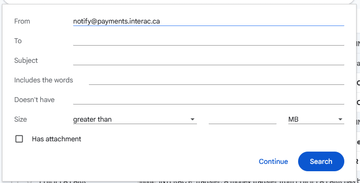 Gmail search options with notify@payments.interac.ca in the From field