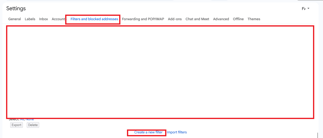 Gmail settings, Filters and blocked addresses tab, Create a new filter link