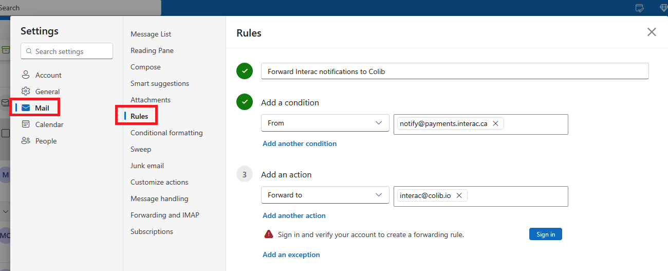 Outlook on the web, Settings > Mail > Rules, rule forwarding notify@payments.interac.ca to interac@colib.io