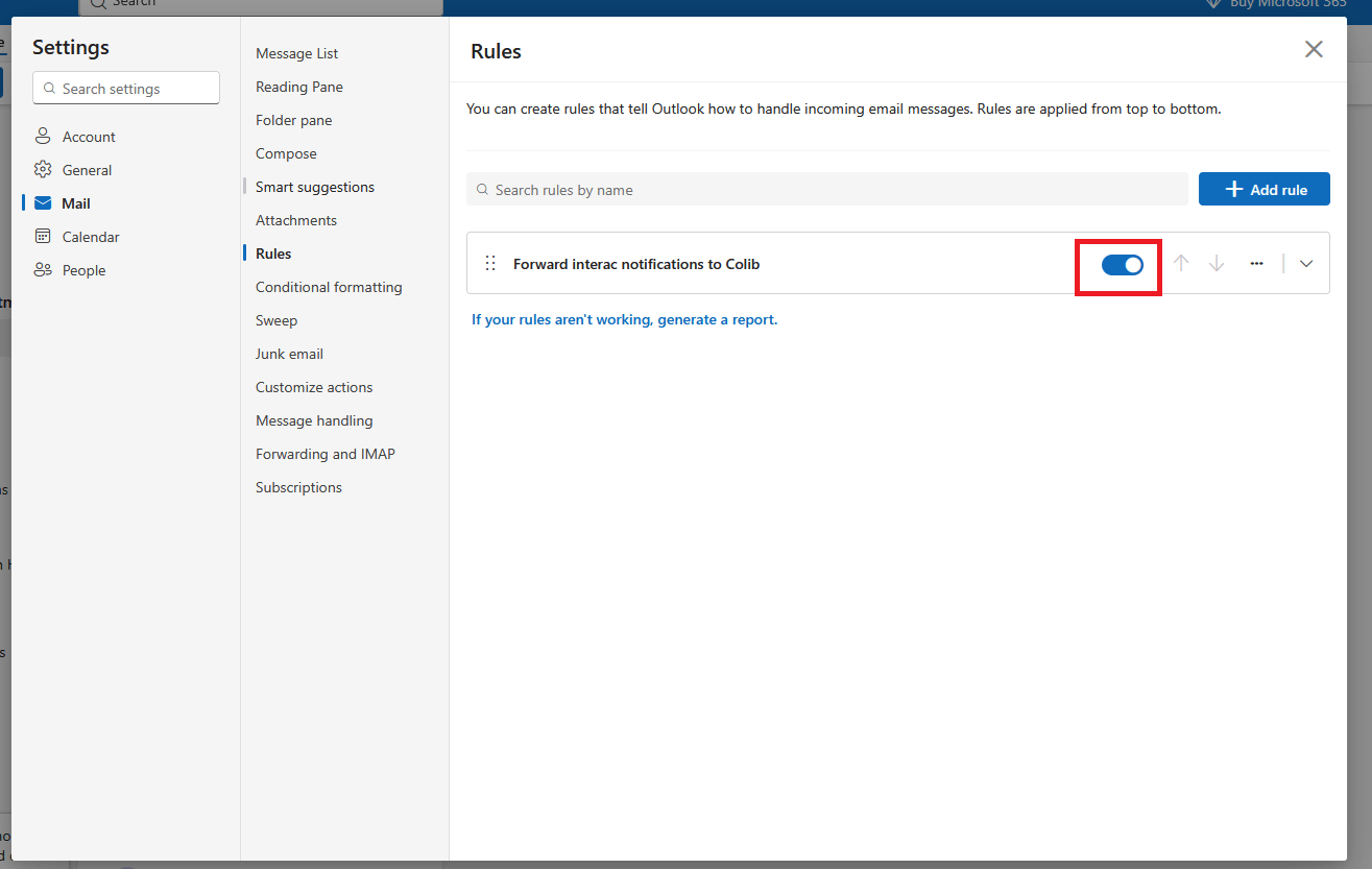 Liste des règles Outlook avec la règle de transfert Interac activée