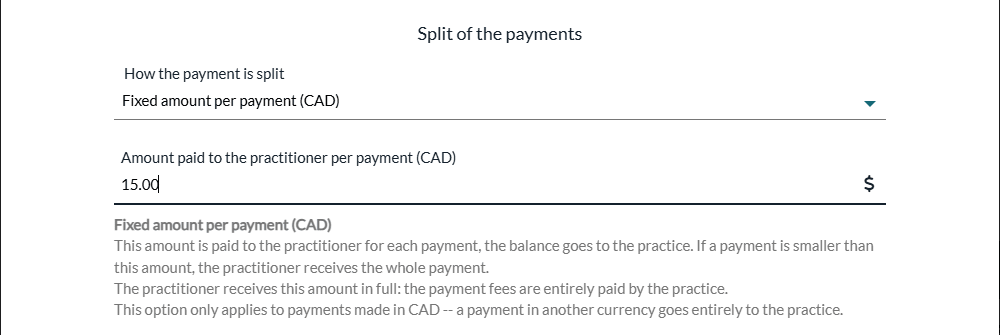 Split of the payments with a fixed amount of $15 per payment