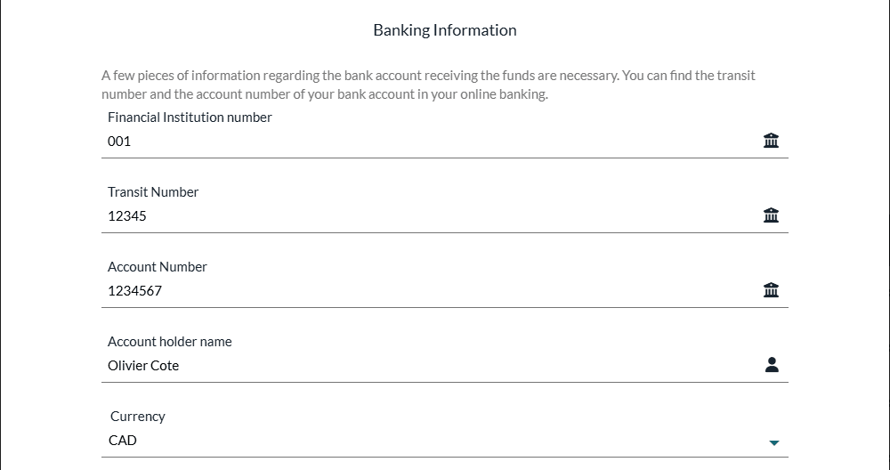 Banking Information section of the Bank account window