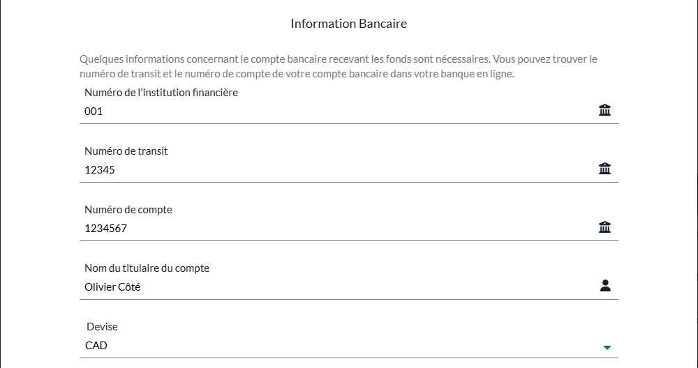Section Information Bancaire de la fenêtre Compte bancaire