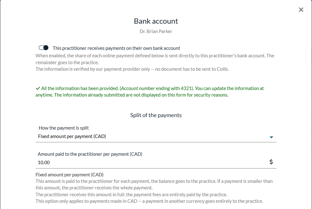 Bank account window of a practitioner whose information has been provided
