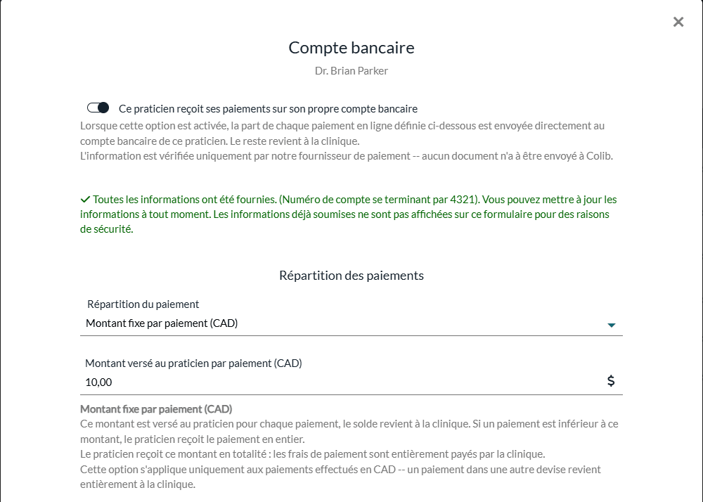Fenêtre Compte bancaire d'un praticien dont les informations ont été fournies