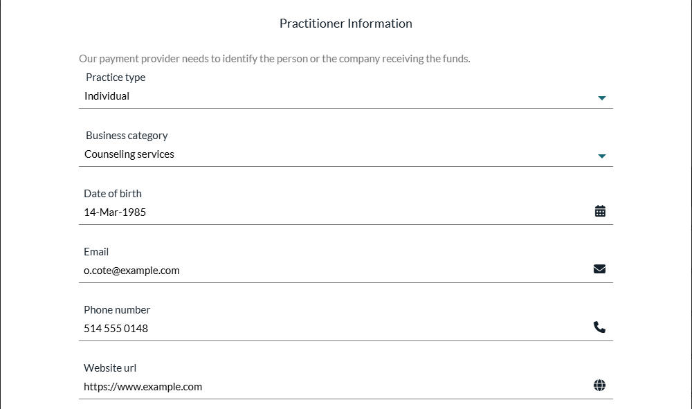 Practitioner Information section of the Bank account window
