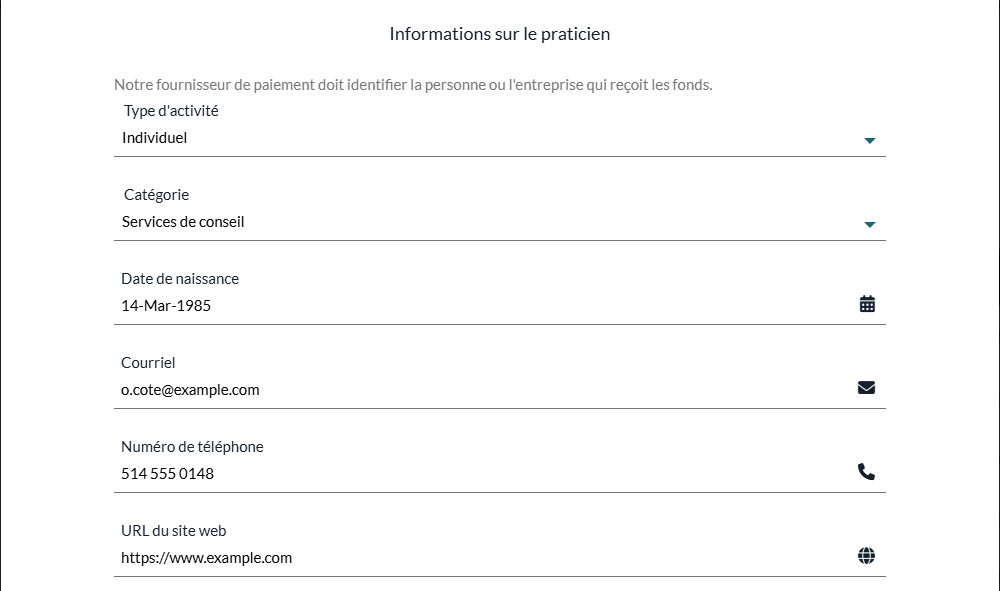 Section Informations sur le praticien de la fenêtre Compte bancaire