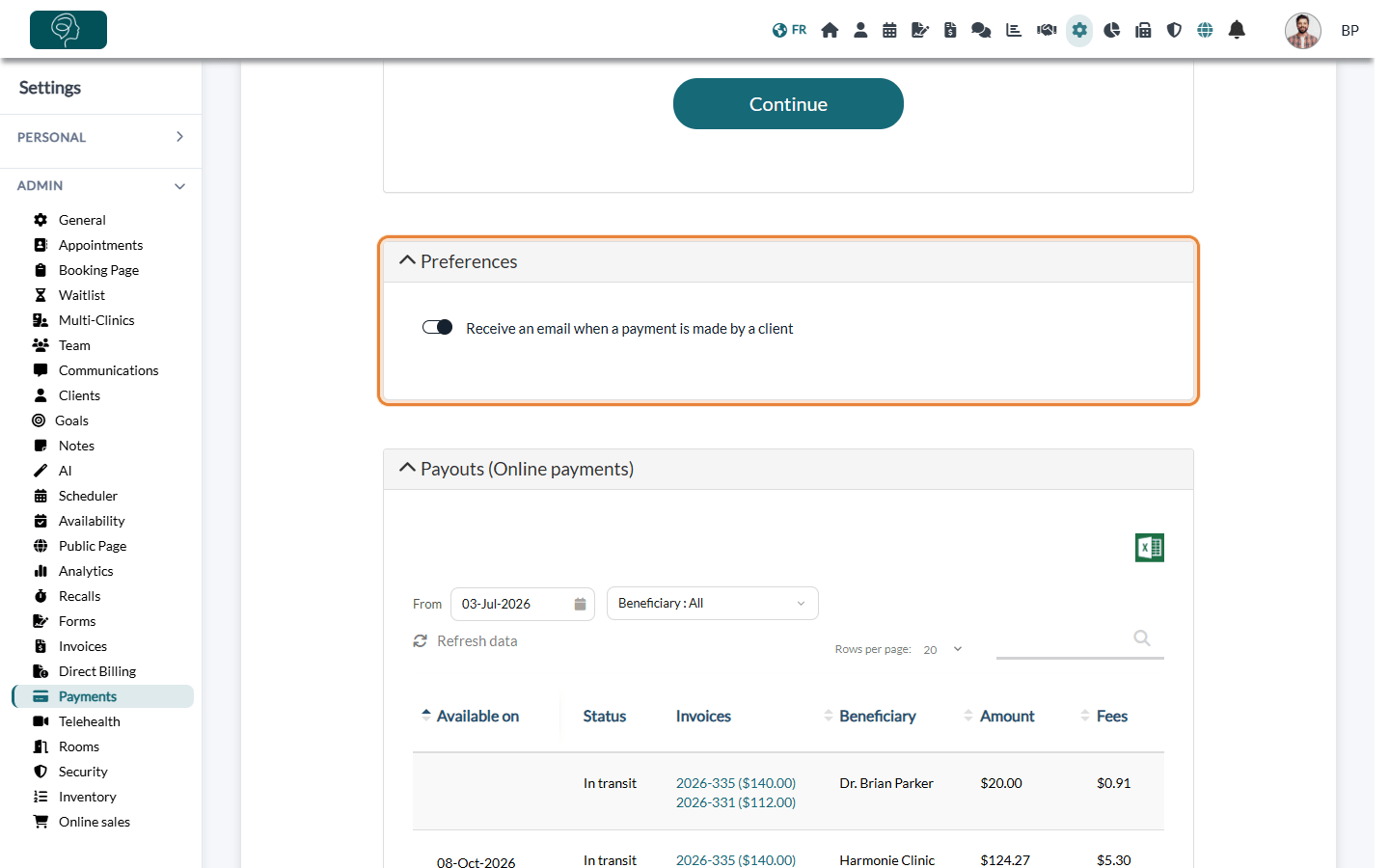 Preferences section of Settings > Payments with the option Receive an email when a payment is made by a client