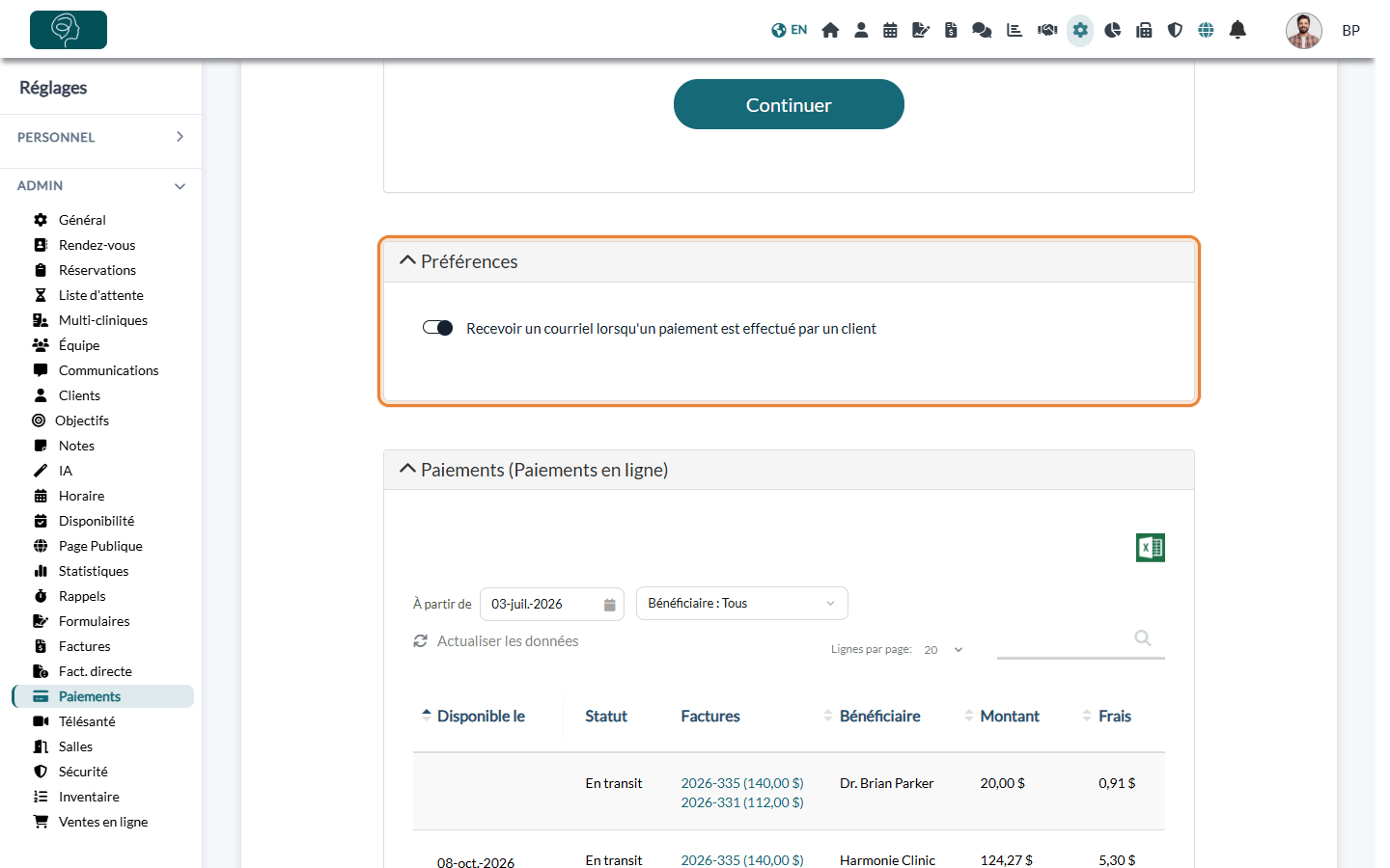 Section Préférences de Réglages > Paiements avec l'option Recevoir un courriel lorsqu'un paiement est effectué par un client