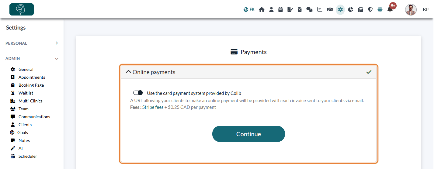 Online payments section in Settings > Payments when everything is in order, with the green check mark