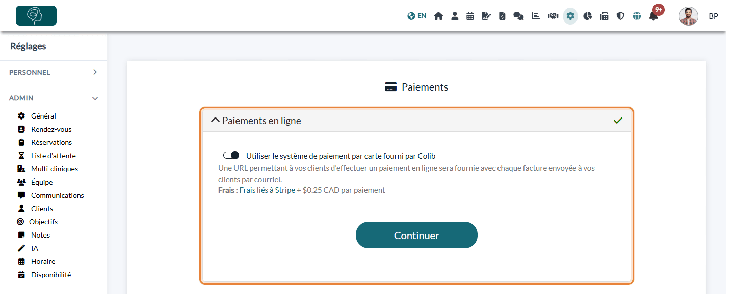 Section Paiements en ligne dans Réglages > Paiements lorsque tout est en ordre, avec le crochet vert
