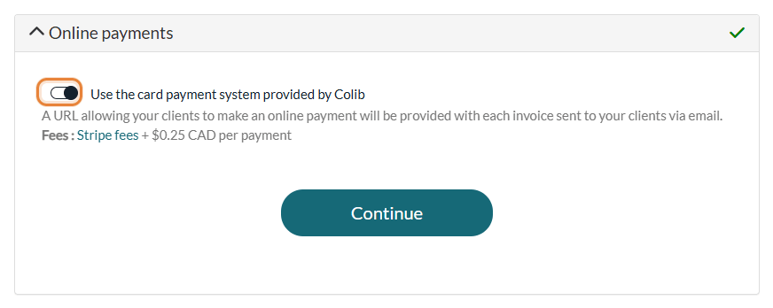 Online payments panel in Settings > Payments, with the card payment system turned on