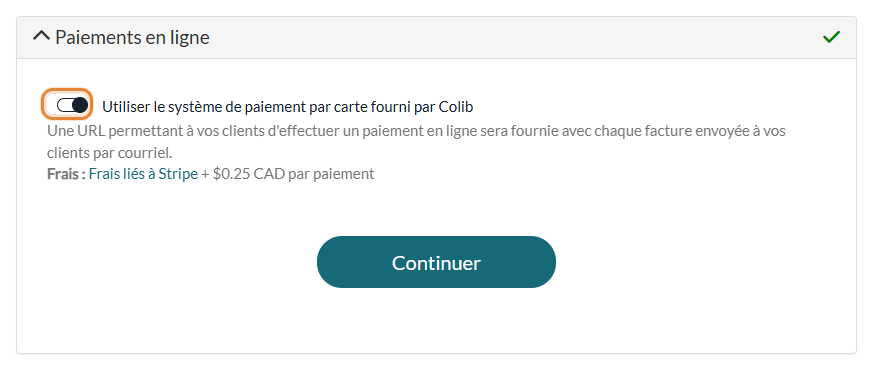 Panneau Paiements en ligne dans Réglages > Paiements, avec le système de paiement par carte activé