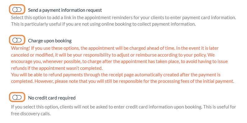 Send a payment information request, Charge upon booking and No credit card required options in the Invoicing section of an appointment type