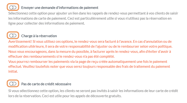Options Envoyer une demande d'informations de paiement, Charge à la réservation et Pas de carte de crédit nécessaire dans la section Facturation d'un type de rendez-vous