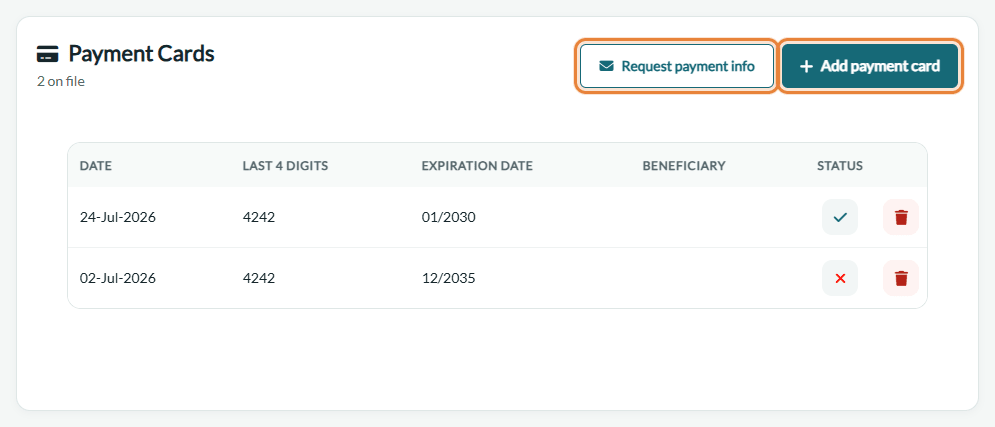 Request payment info and Add payment card buttons in the Payment Cards of a client record