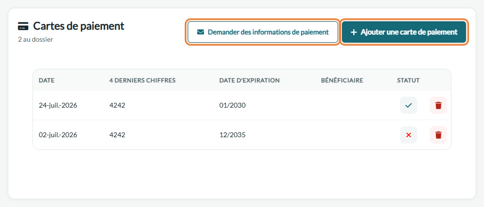 Boutons Demander des informations de paiement et Ajouter une carte de paiement dans les Cartes de paiement d'un dossier client