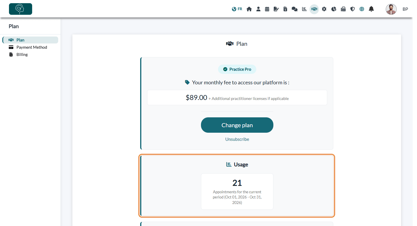 Usage section of the Plan tab with the number of appointments for the current period