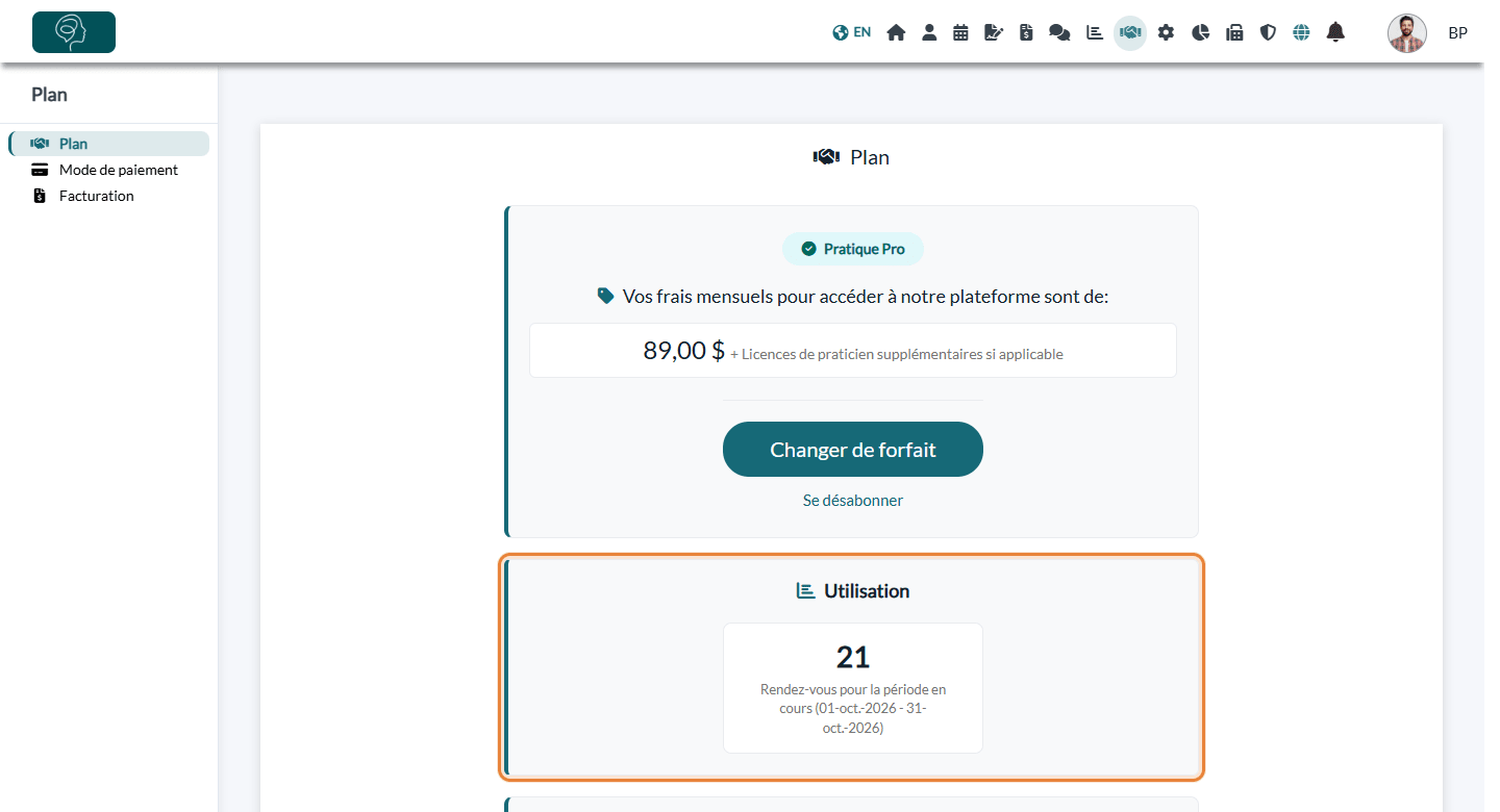 Section Utilisation de l'onglet Plan avec le nombre de rendez-vous de la période en cours