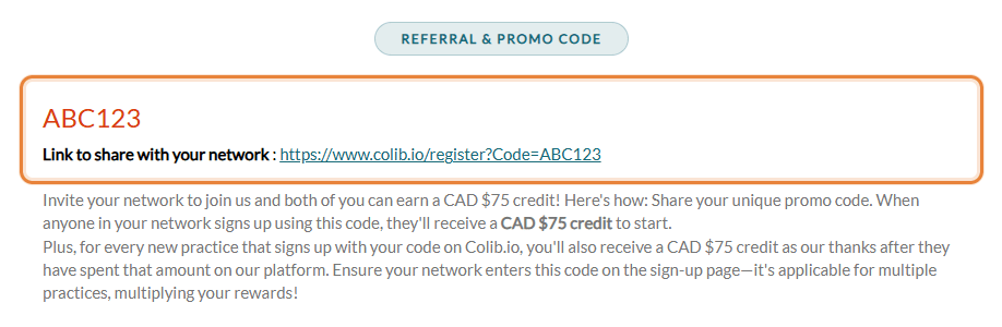 Referral and Promo code section in Settings > General, with the code and the link to share