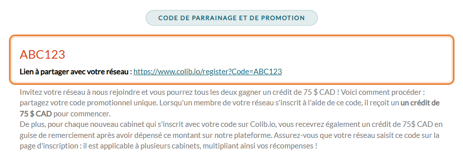 Section Code de parrainage et de promotion dans Réglages > Général, avec le code et le lien à partager