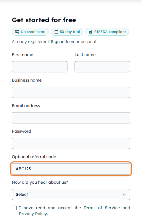 Colib sign-up page with the Optional referral code field filled in