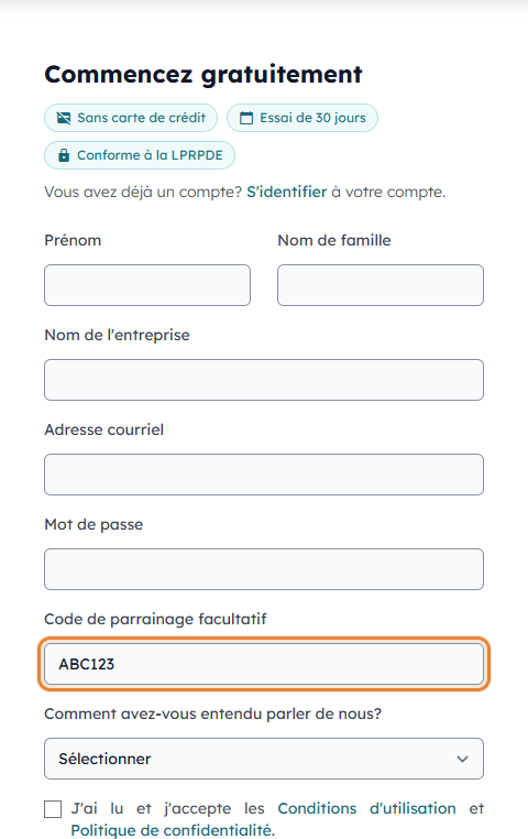 Page d'inscription de Colib avec le champ Code de parrainage facultatif rempli