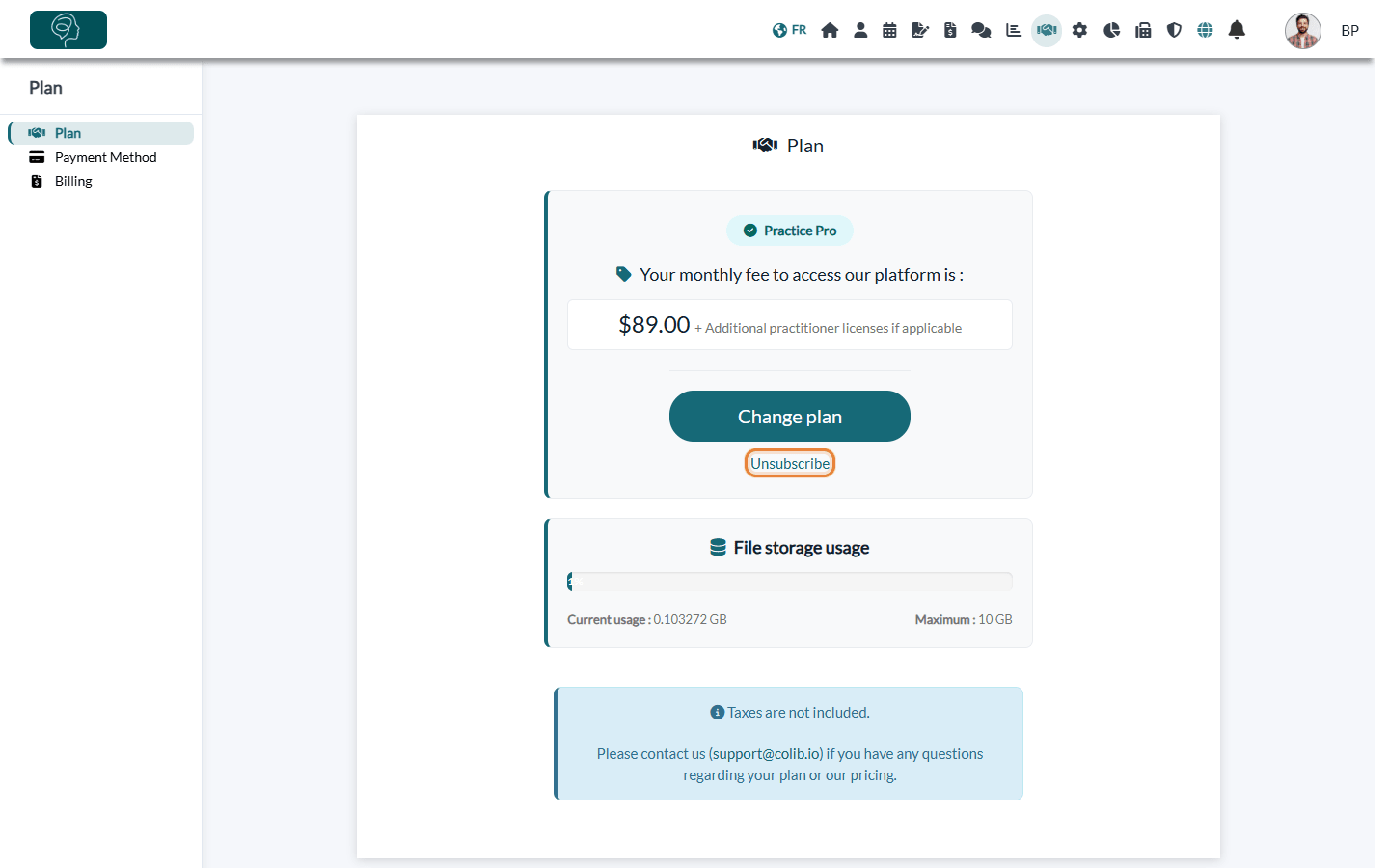 Plan tab with the Unsubscribe link under the Change plan button