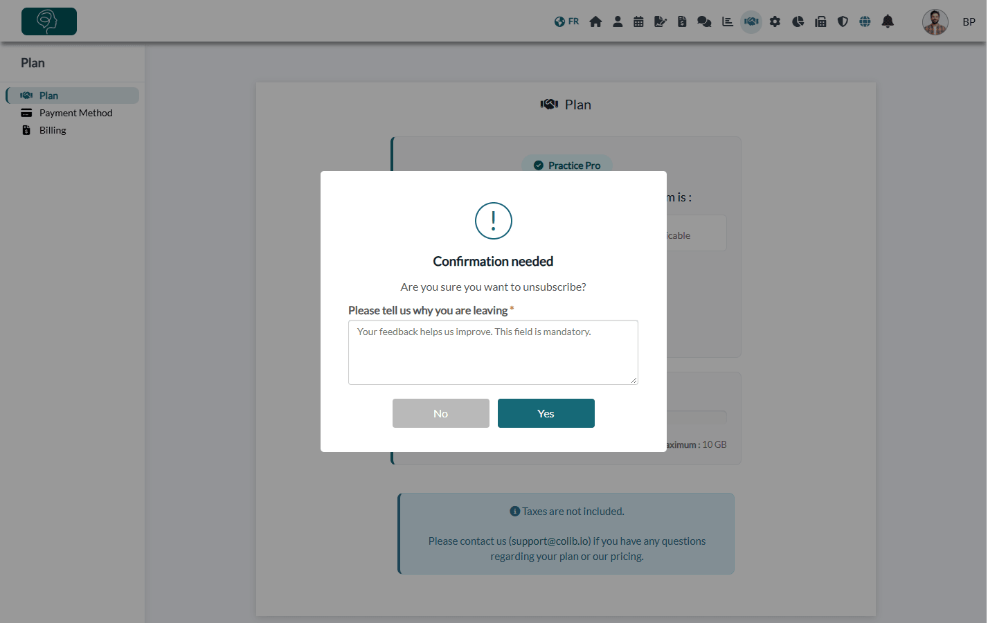 Unsubscribe confirmation window with the mandatory reason field