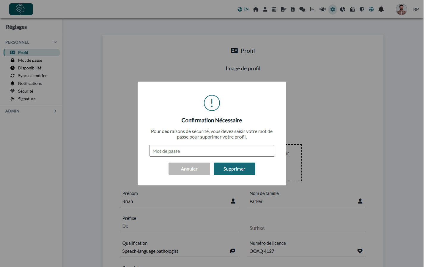 Fenêtre de confirmation Supprimer le profil qui demande le mot de passe