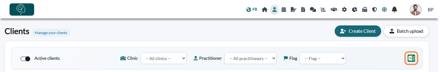 Export to Excel icon on the Clients page