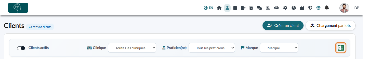 Icône Exporter vers Excel de la page Clients