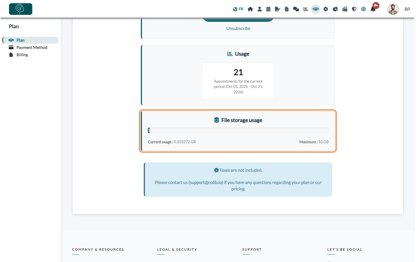 File storage usage section in the Plan tab