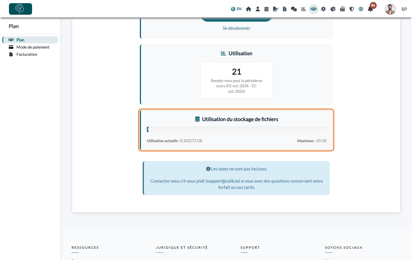 Section Utilisation du stockage de fichiers dans l'onglet Plan